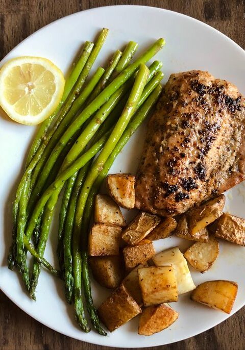 Garlic Butter Salmon with Lemon Asparagus Skillet