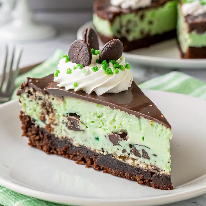 A slice of Thin Mint cheesecake on a white plate with a chocolate ganache topping and crushed Thin Mint cookies on top, photographed from slightly above on a dark wood surface.