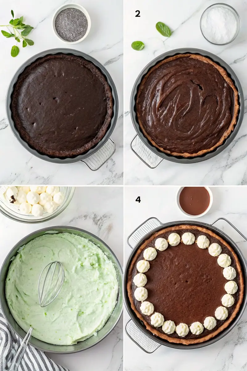 Thin Mint cookie crumbs pressed into a springform pan to form a cheesecake crust, viewed from above.